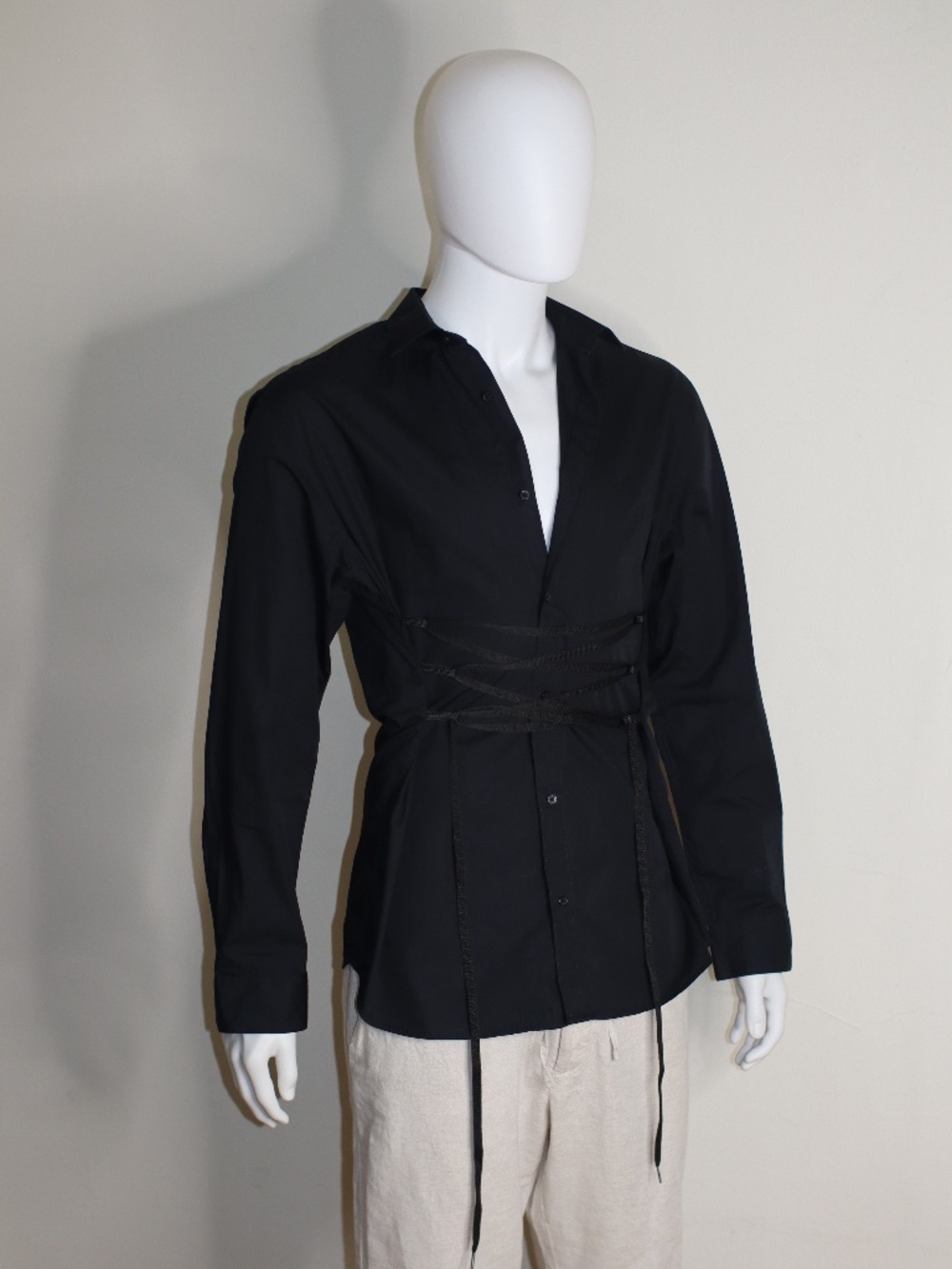 Stylish Upcycled Black Shirt with a Corset Shoe Lace Detail